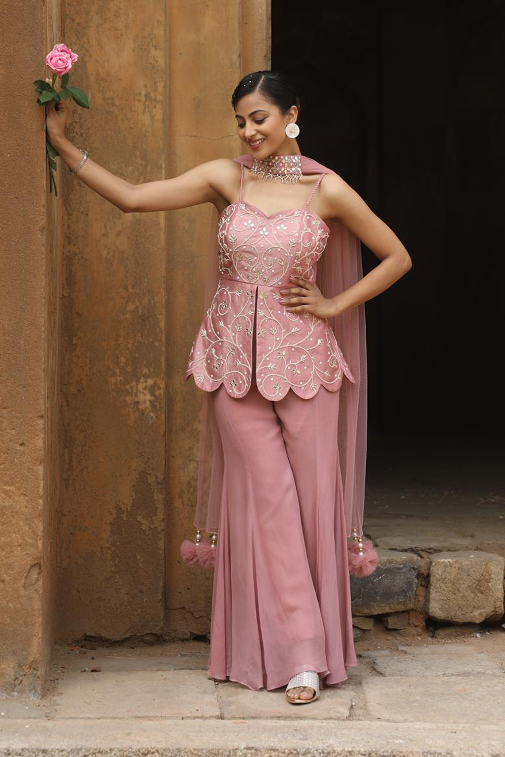 Onion Pink Peplum With Inserted Sharara Set