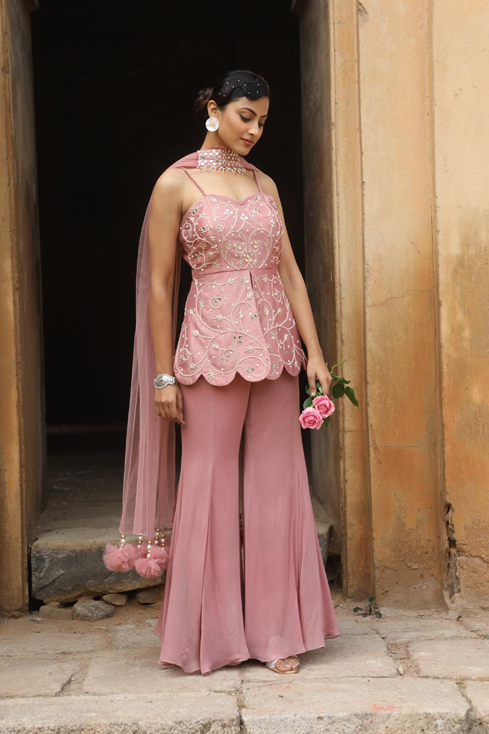 Onion Pink Peplum With Inserted Sharara Set