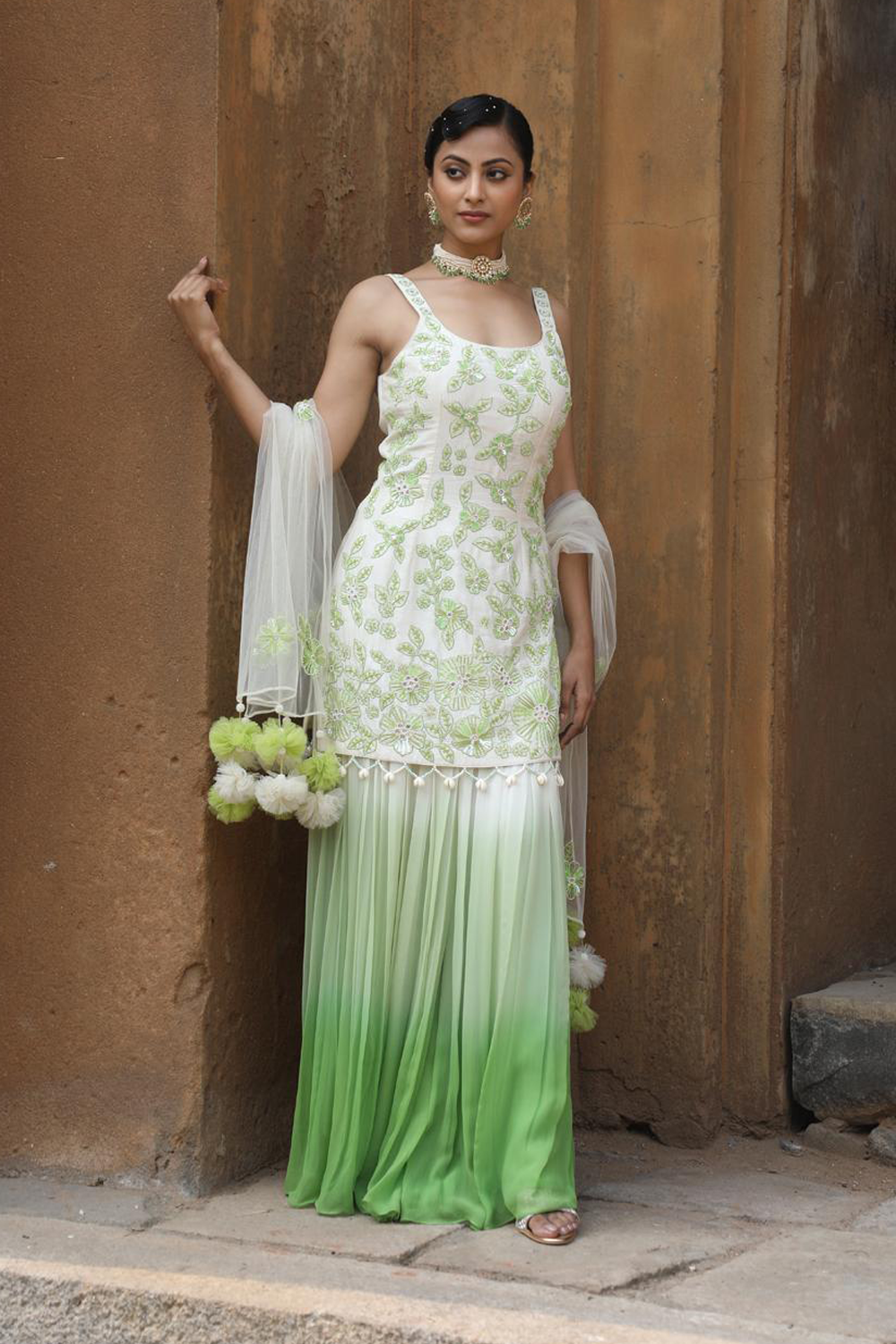 Ivory-Green Ombre Sharara Set