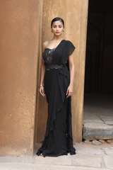 Black Drape Saree With Detachable Belt