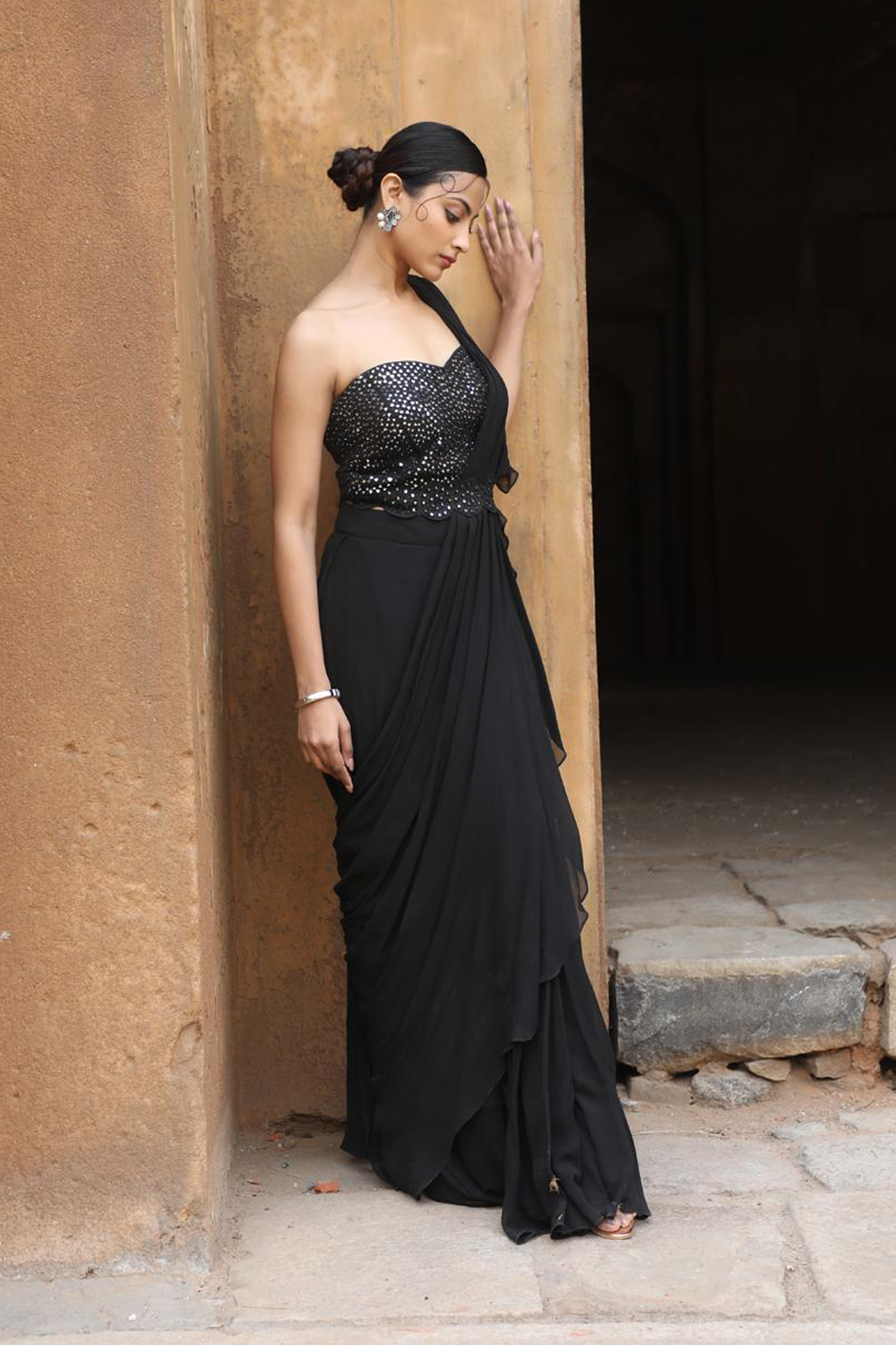 Black Drape Saree With Detachable Belt