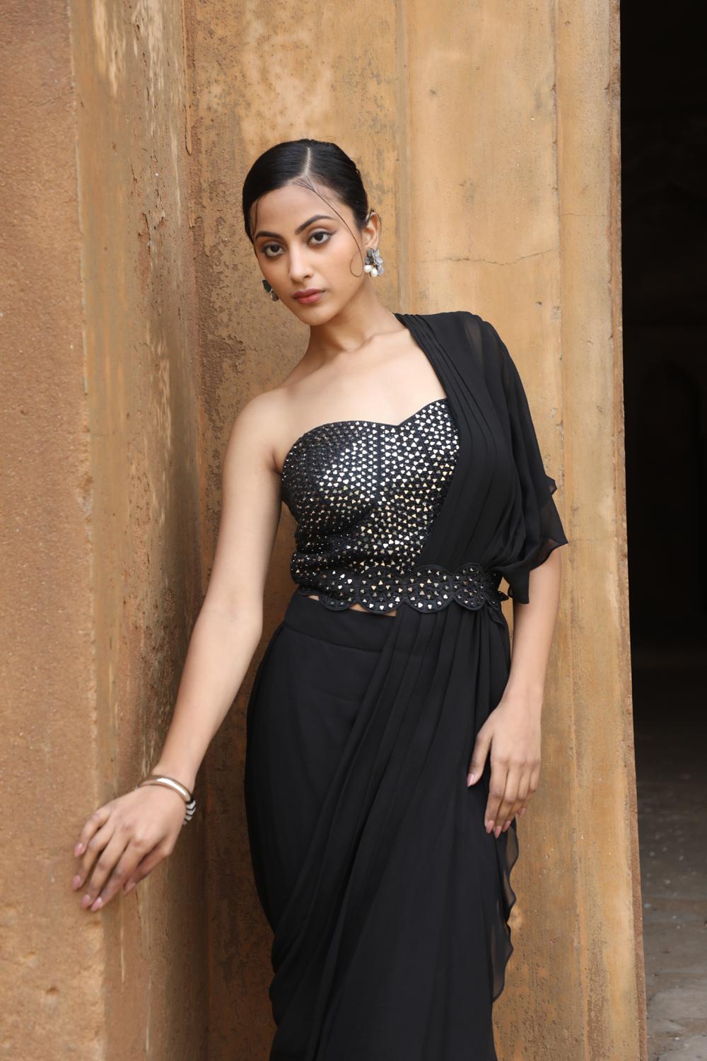 Black Drape Saree With Detachable Belt