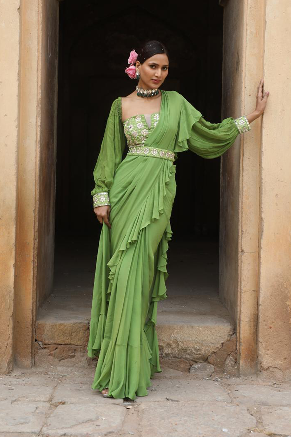 Green Drape Saree With Detachable Belt