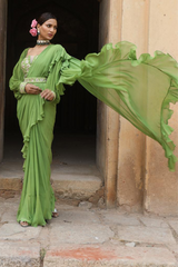 Green Drape Saree With Detachable Belt