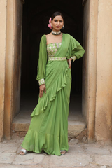 Green Drape Saree With Detachable Belt