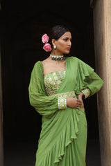 Green Drape Saree With Detachable Belt