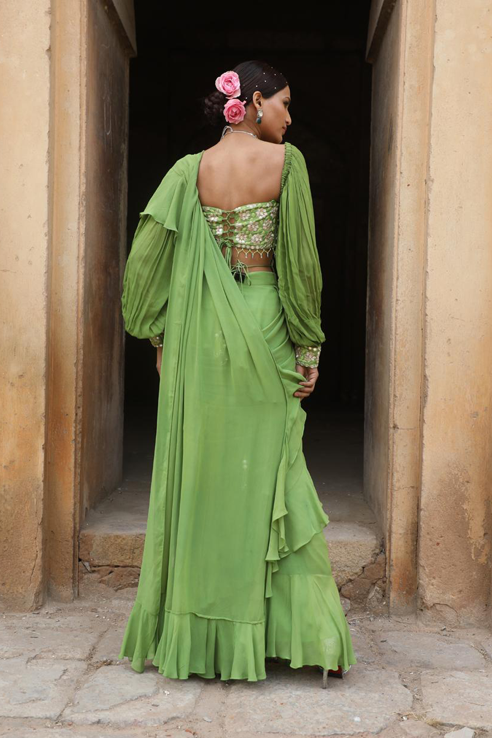 Green Drape Saree With Detachable Belt