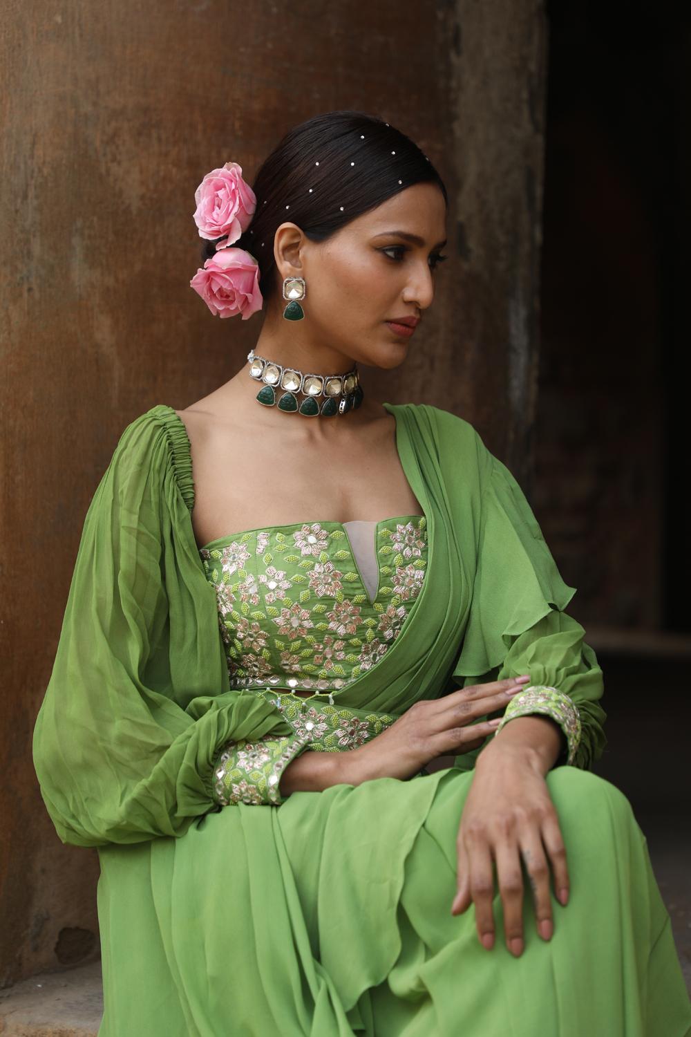 Green Drape Saree With Detachable Belt