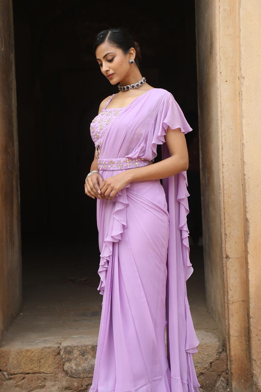 Lilac Drape Saree With Detacheable Belt