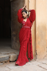 Maroon Drape Saree With Detachable Belt