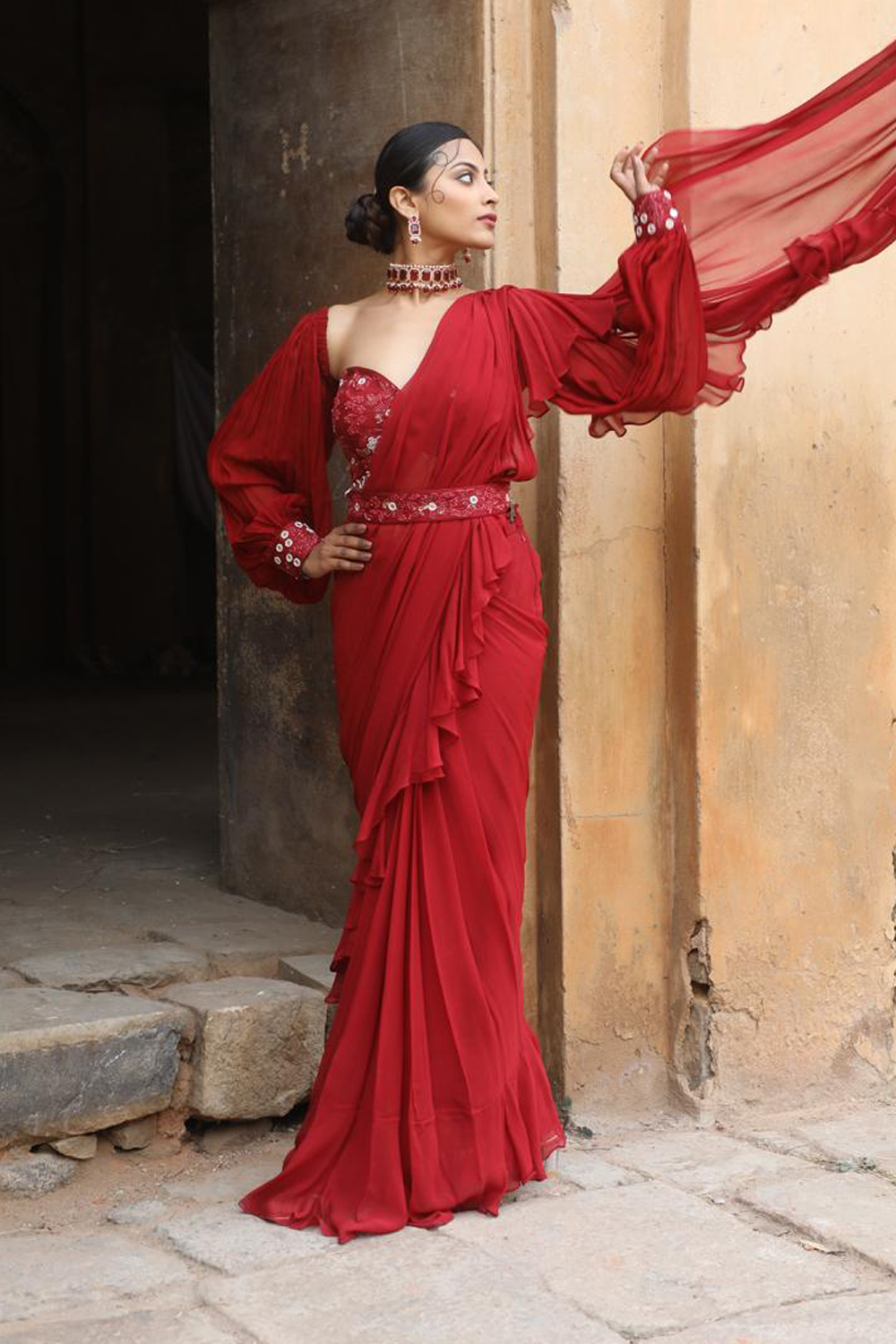 Maroon Drape Saree With Detachable Belt