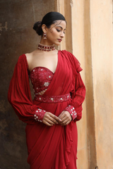 Maroon Drape Saree With Detachable Belt