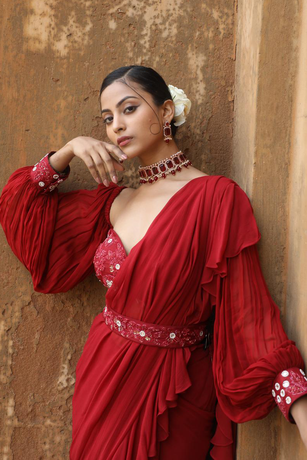 Maroon Drape Saree With Detachable Belt