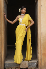 Yellow Drape Saree With Detacheable Belt