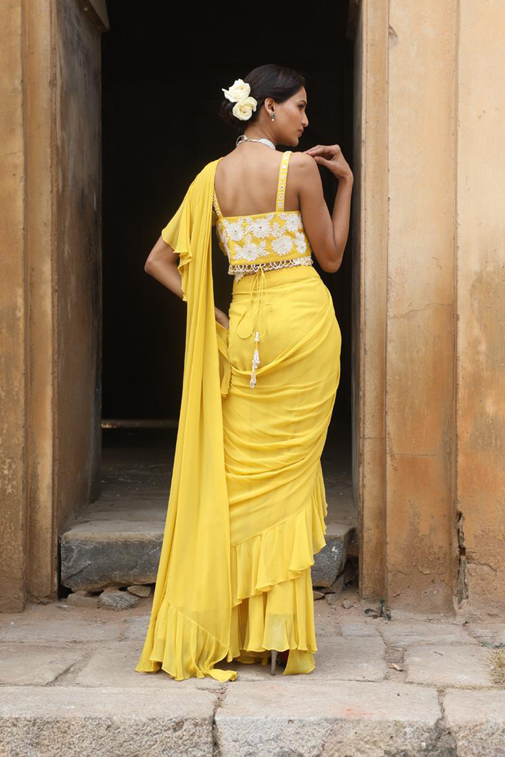 Yellow Drape Saree With Detacheable Belt