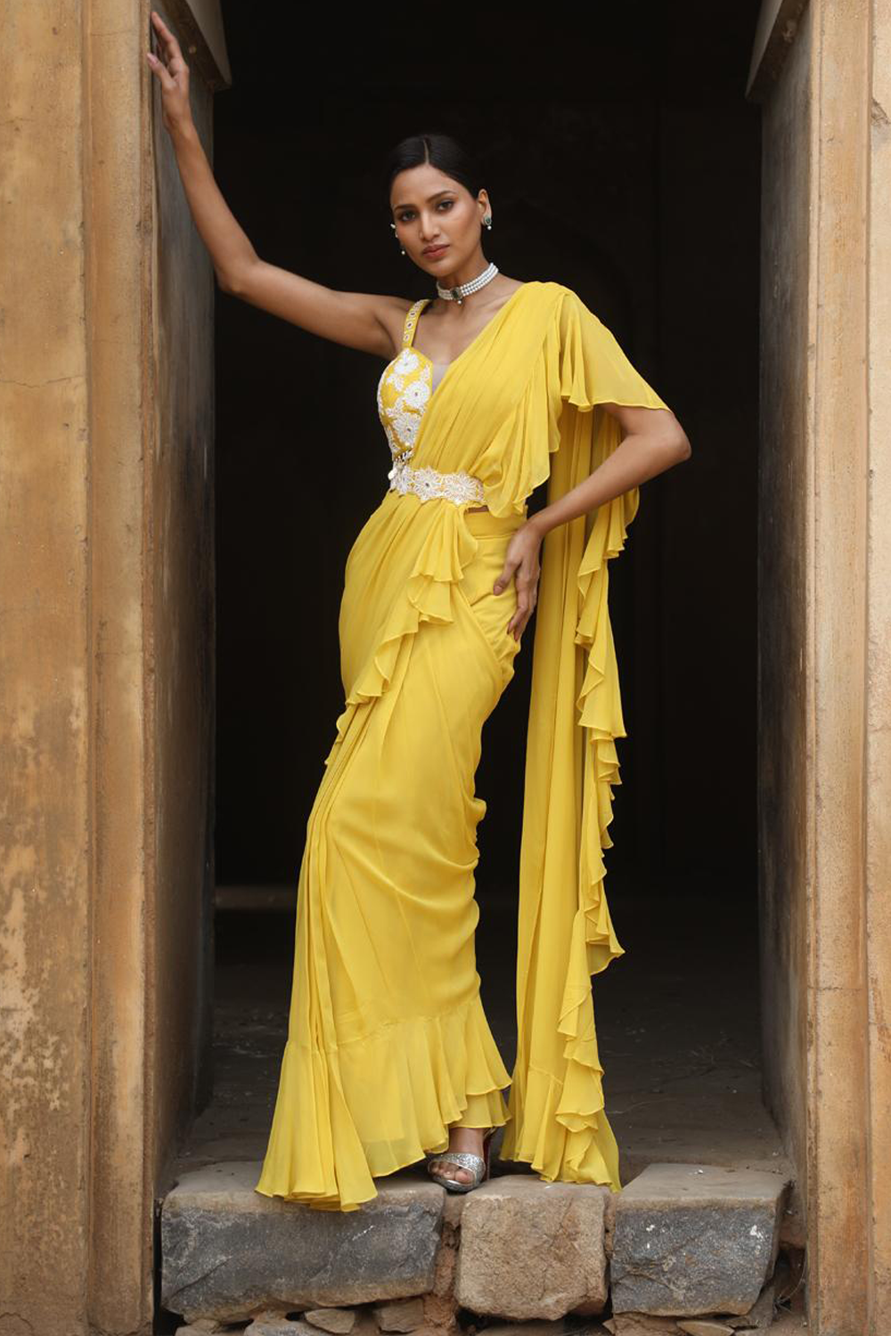 Yellow Drape Saree With Detacheable Belt