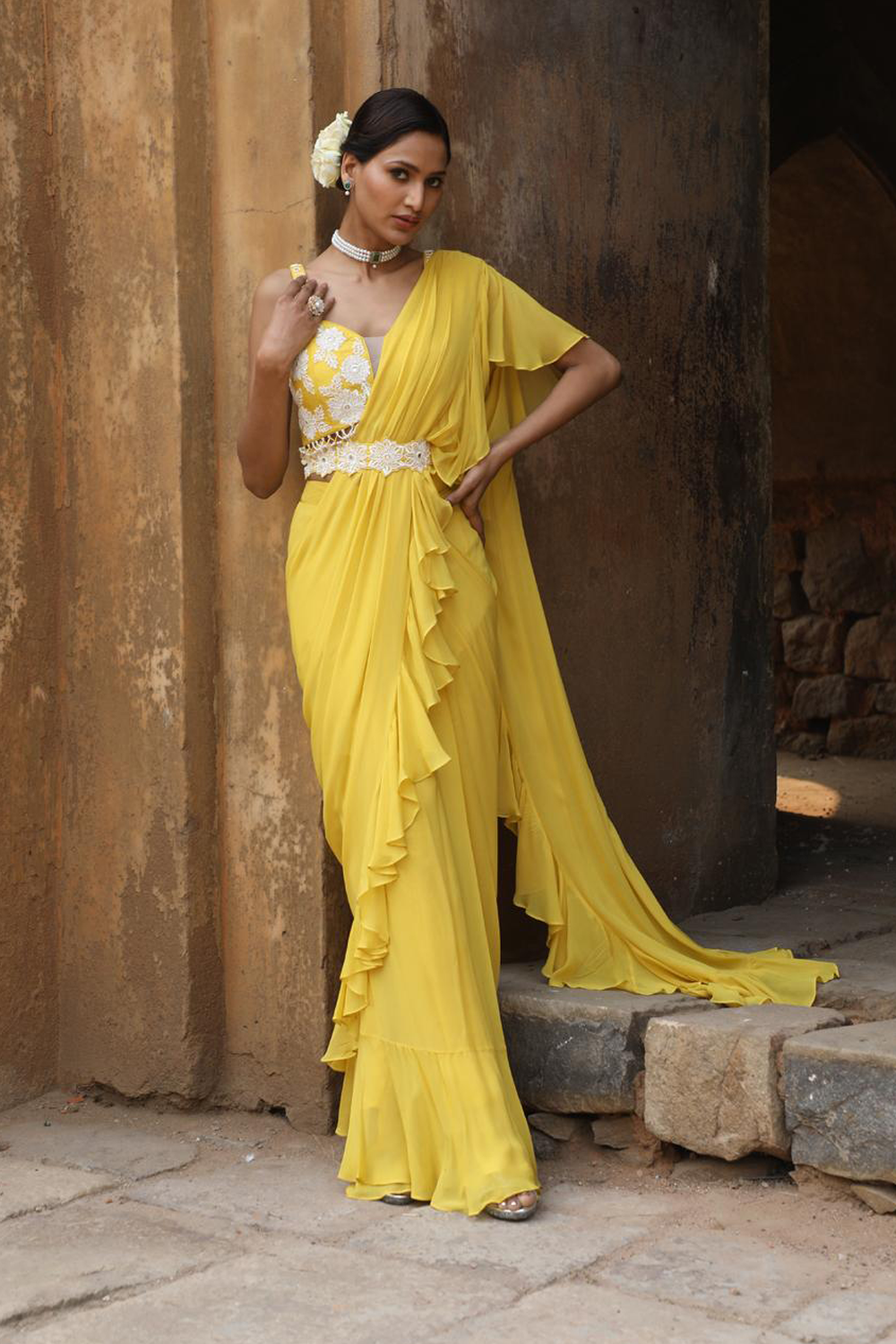 Yellow Drape Saree With Detacheable Belt