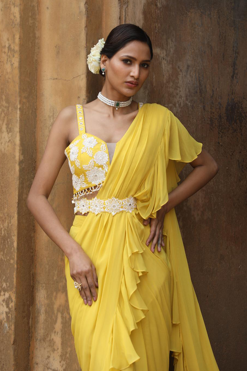 Yellow Drape Saree With Detacheable Belt