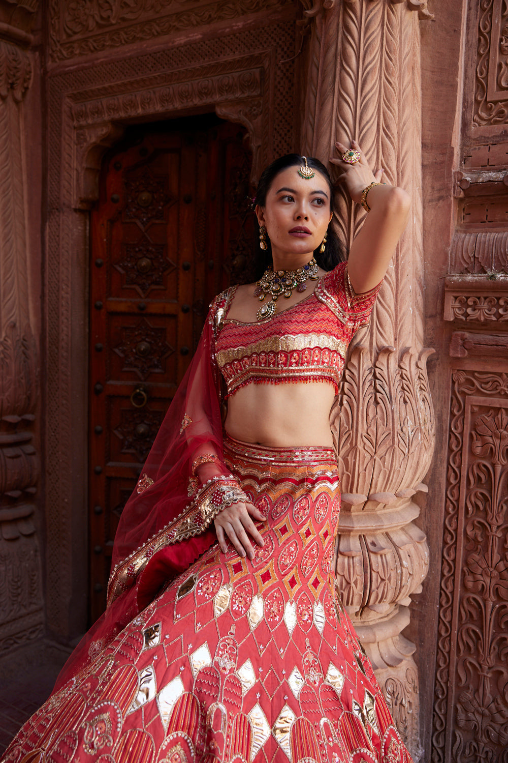 "Randhra" Coral Hand Embroidered Lehenga Set