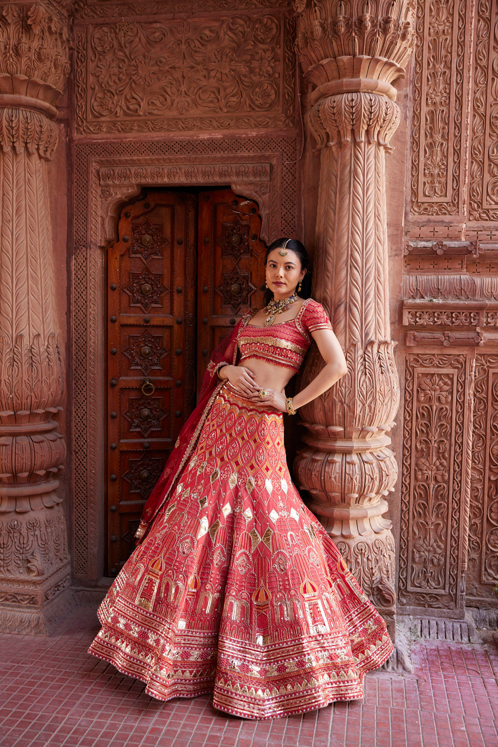 "Randhra" Coral Hand Embroidered Lehenga Set