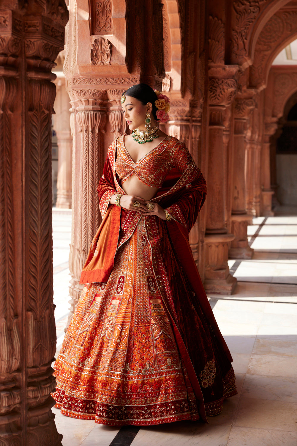 "Rewati" Rust Bridal Lehenga & Velvet Dupata