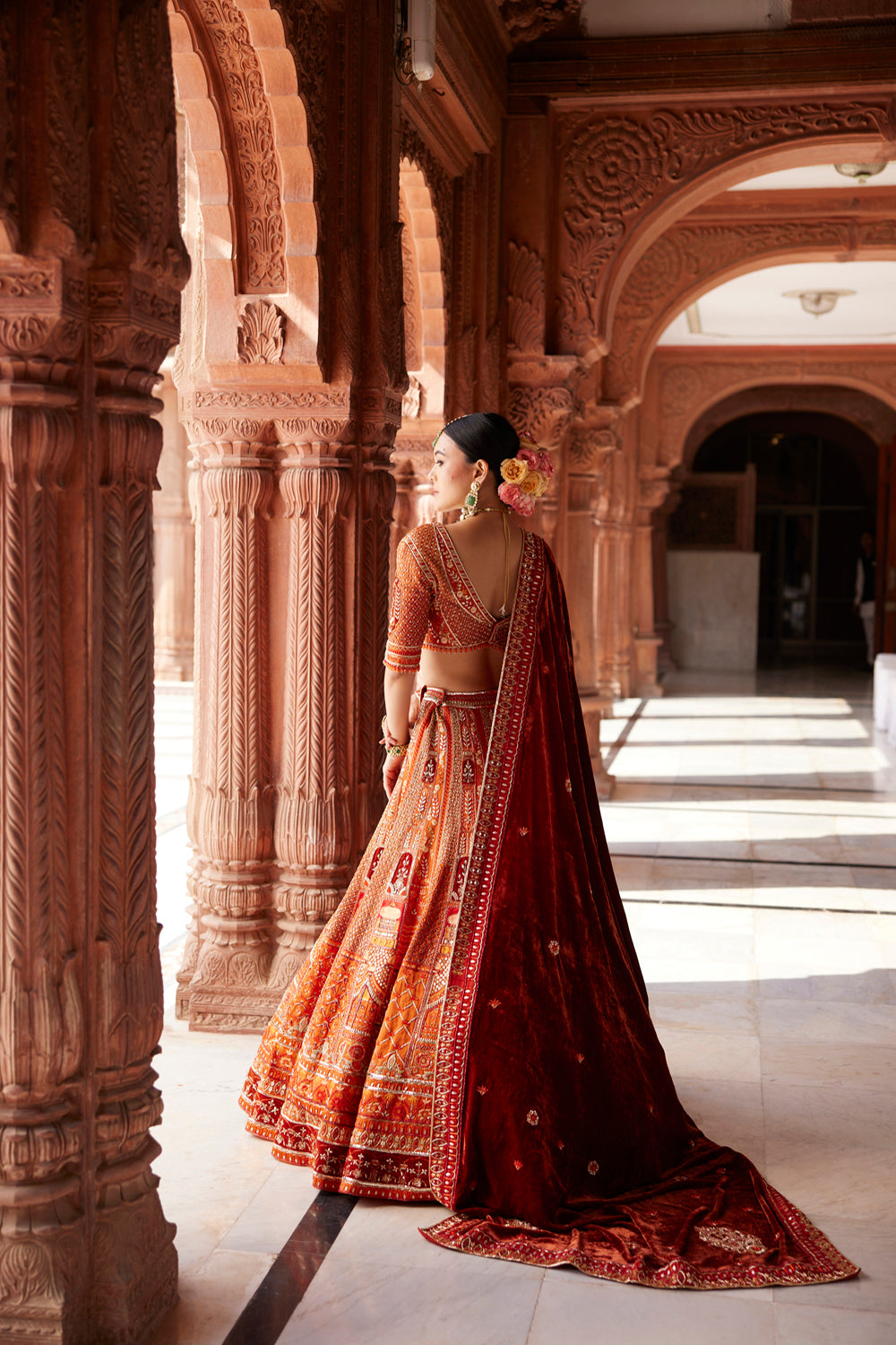 "Rewati" Rust Bridal Lehenga & Velvet Dupata