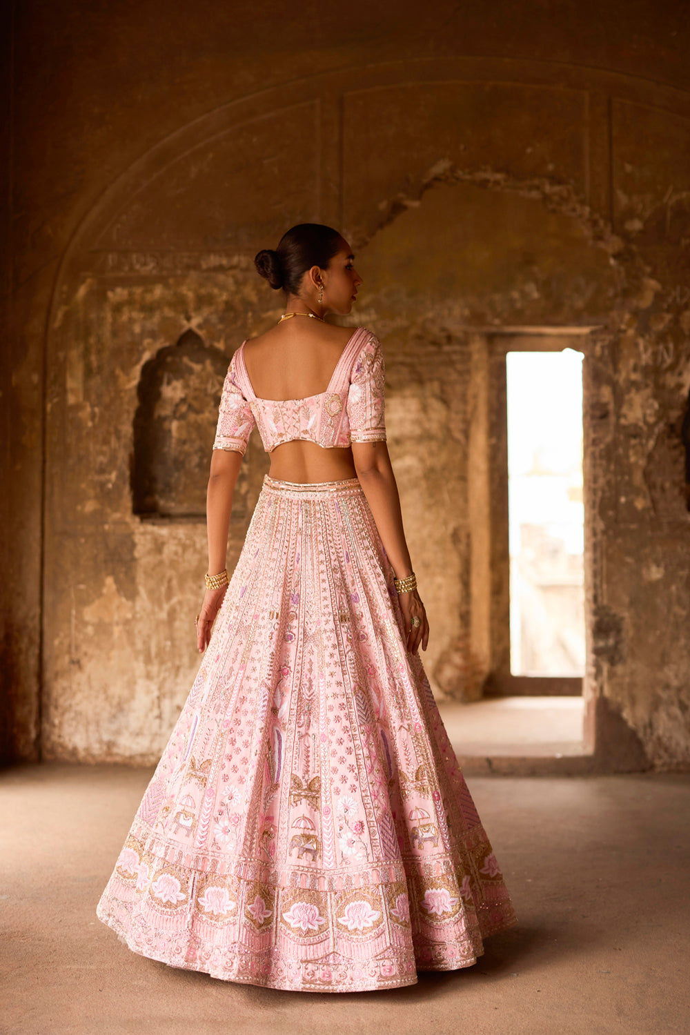 "Saasha" Pink Lotus And Elephant Motif Zardosi Bridal Lehenga Set