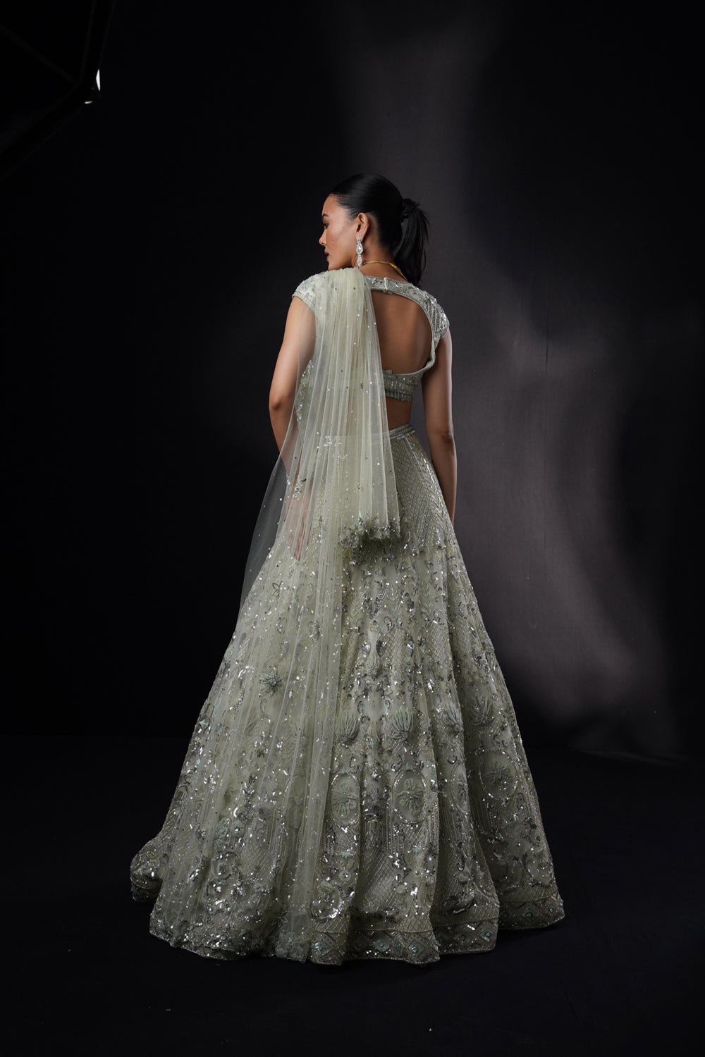 "Emily" Seagreen Organza Applique Lehenga Set With Drape