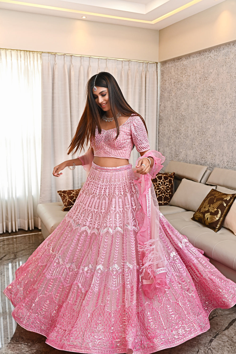 "Sylvie" Mint Blue Lotus Foil Lehenga Set