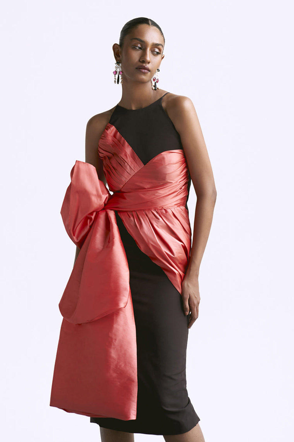 Fitted Draped Dress With Bow Detail