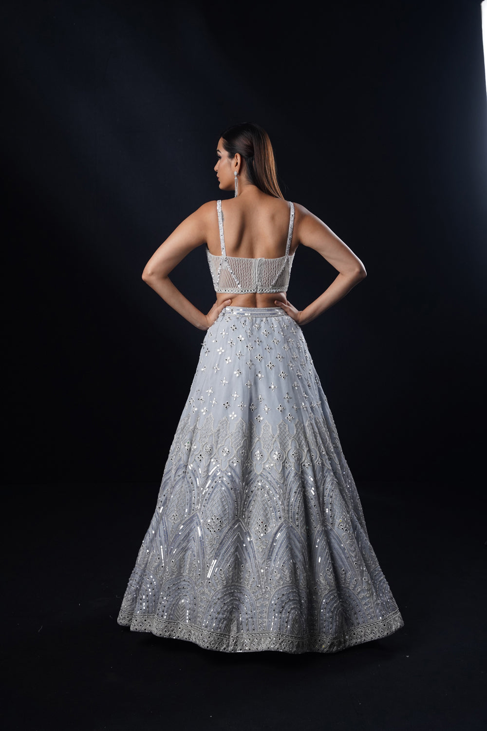 "Meera" Powder Blue Lehenga Set With Pearl Corset Blouse And Cape