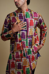 Stylish Jharoka Print Asymmetrical
 Kurta With Pants