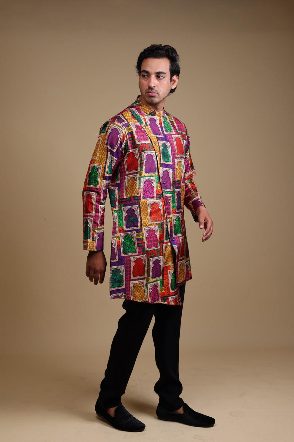 Stylish Jharoka Print Asymmetrical
 Kurta With Pants