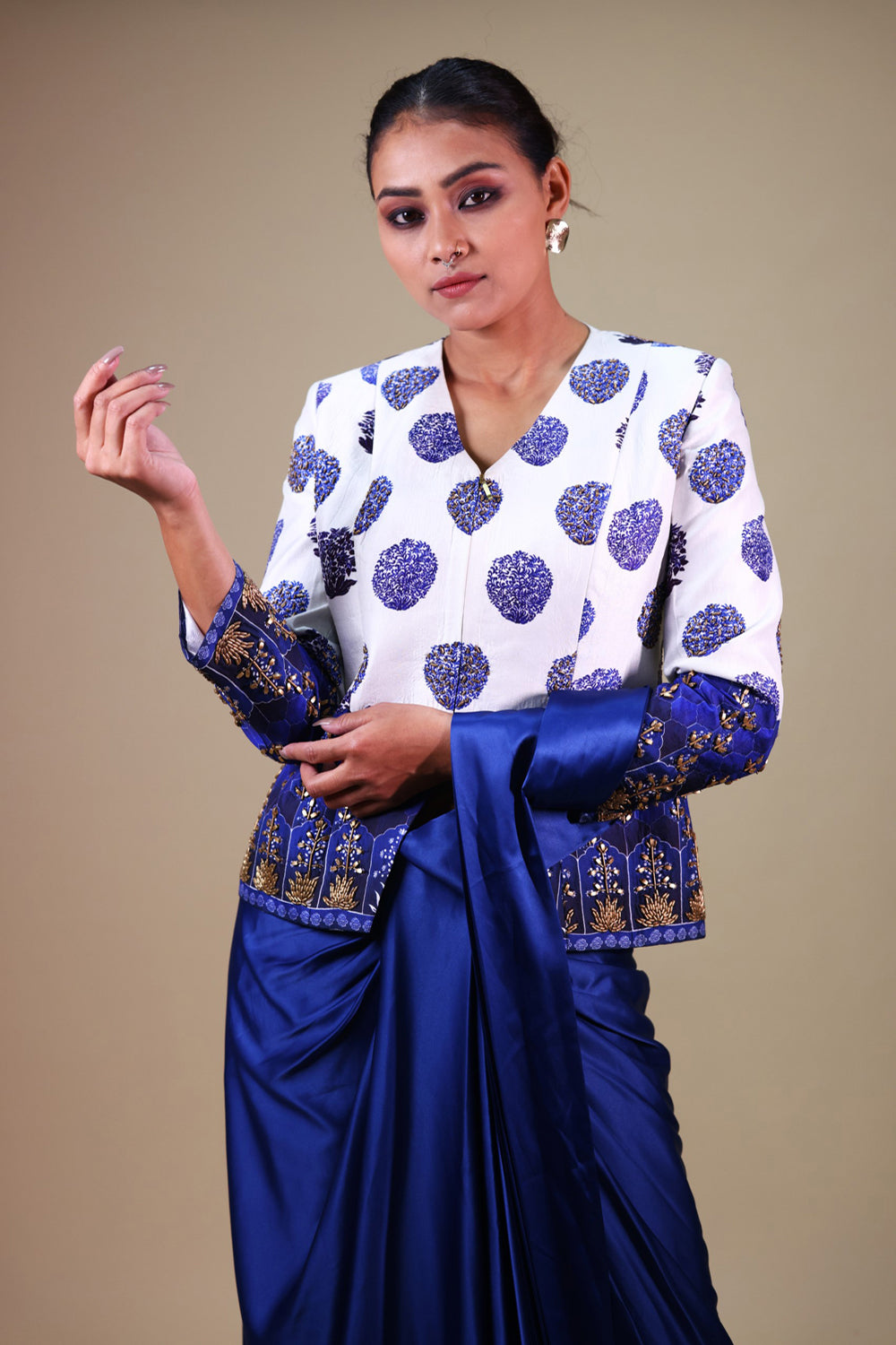 Hand Embroidered Coat With Pre-Draped Saree