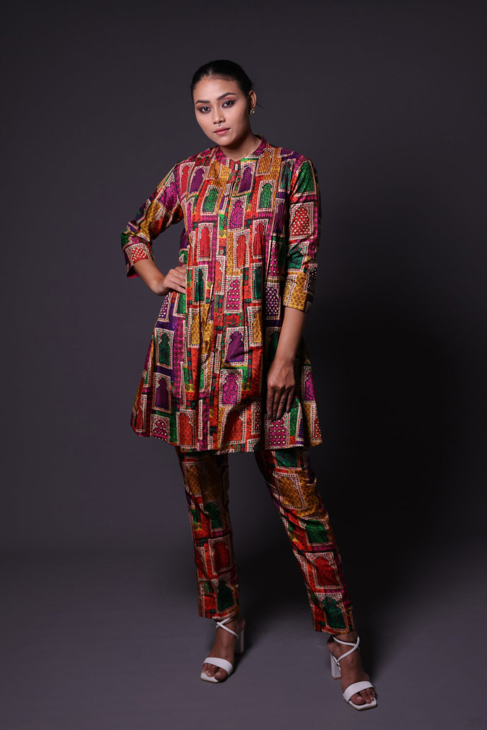 Hand Embroidered Pintuck Kurti With Pants