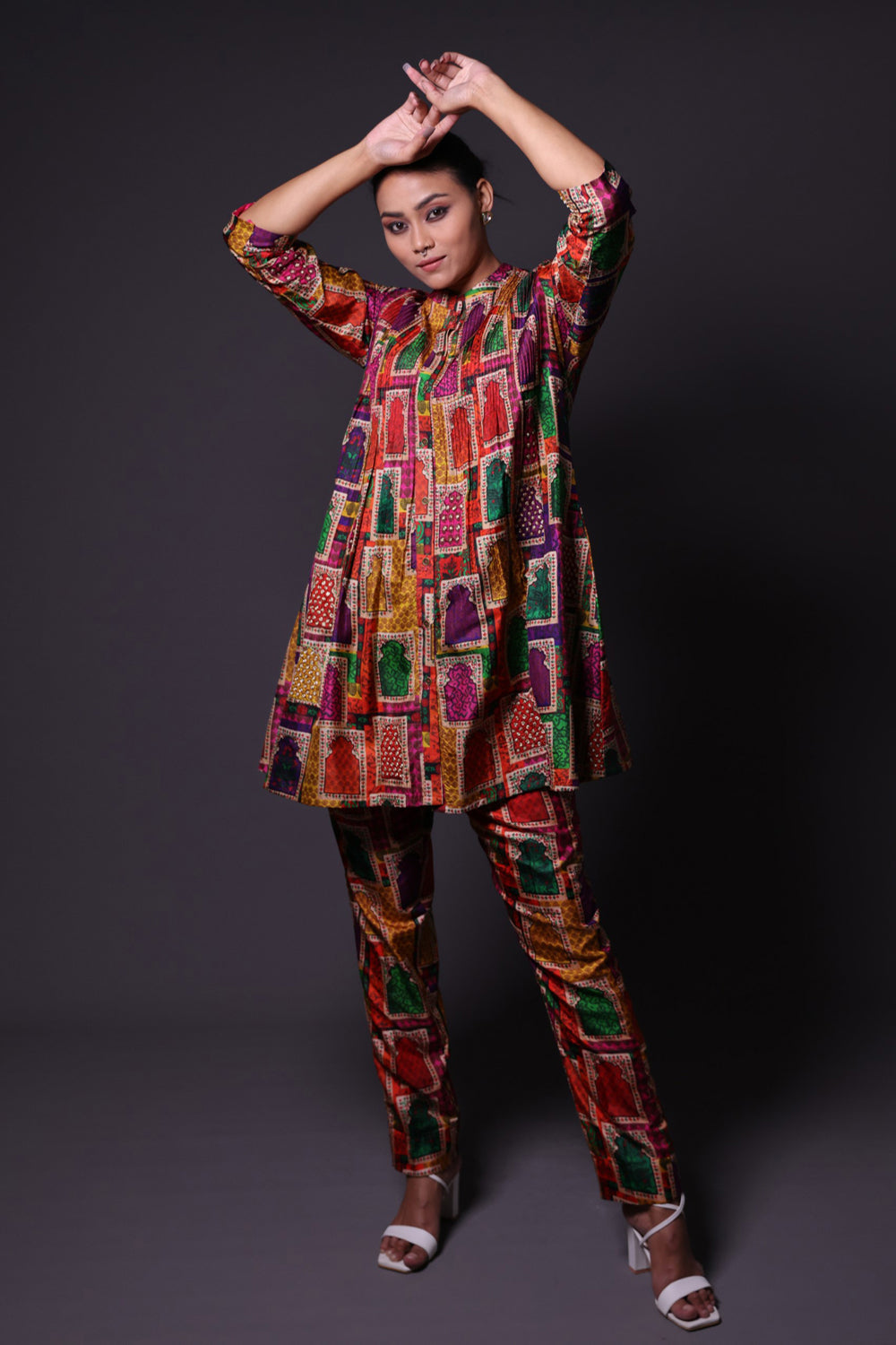 Hand Embroidered Pintuck Kurti With Pants