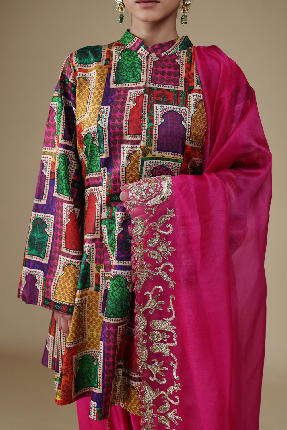 Kalidar Kurti With Tulip Pants And Heavy Hand-Embroidered Zardosi Work Dupatta