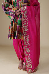 Kalidar Kurti With Tulip Pants And Heavy Hand-Embroidered Zardosi Work Dupatta