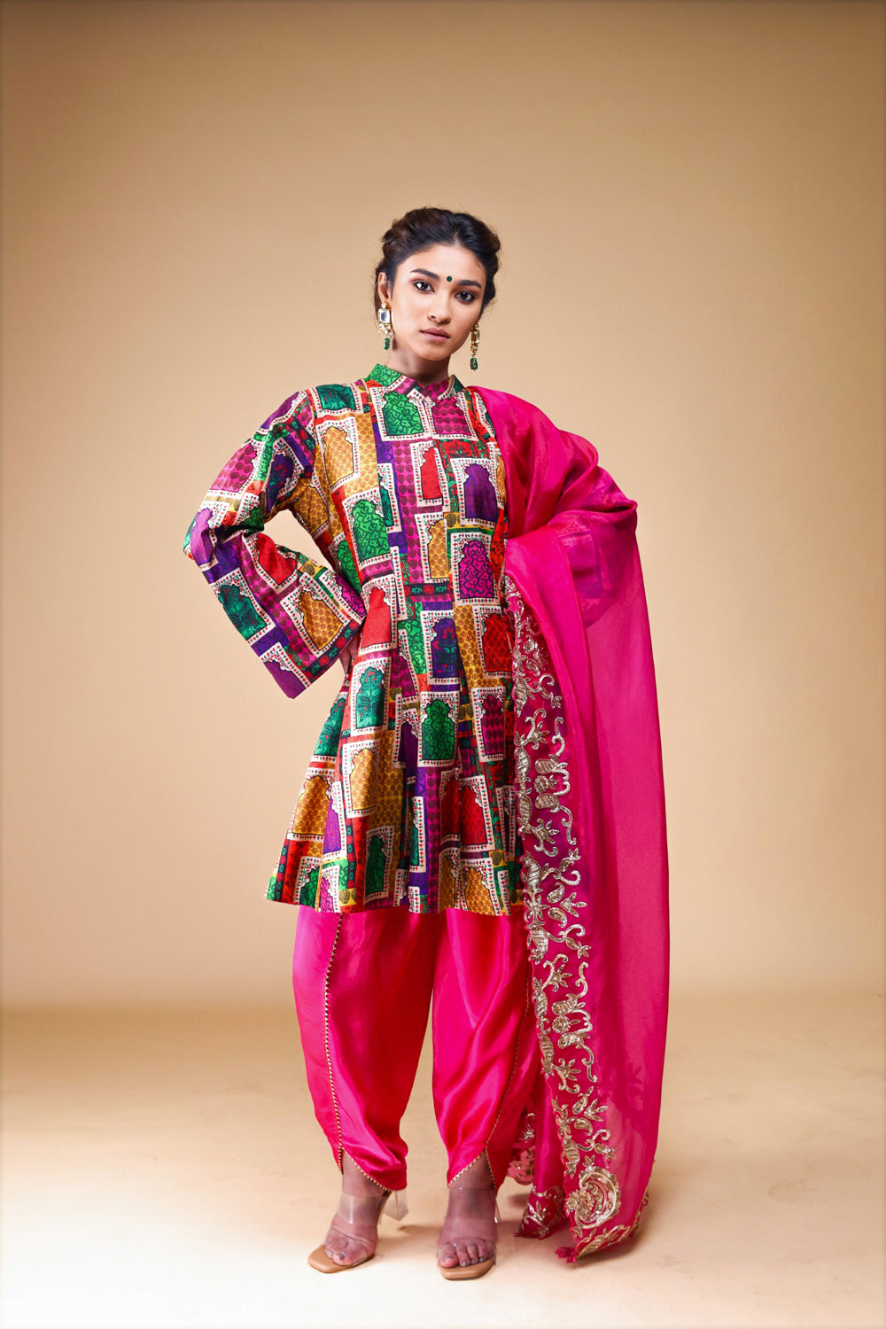 Kalidar Kurti With Tulip Pants And Heavy Hand-Embroidered Zardosi Work Dupatta