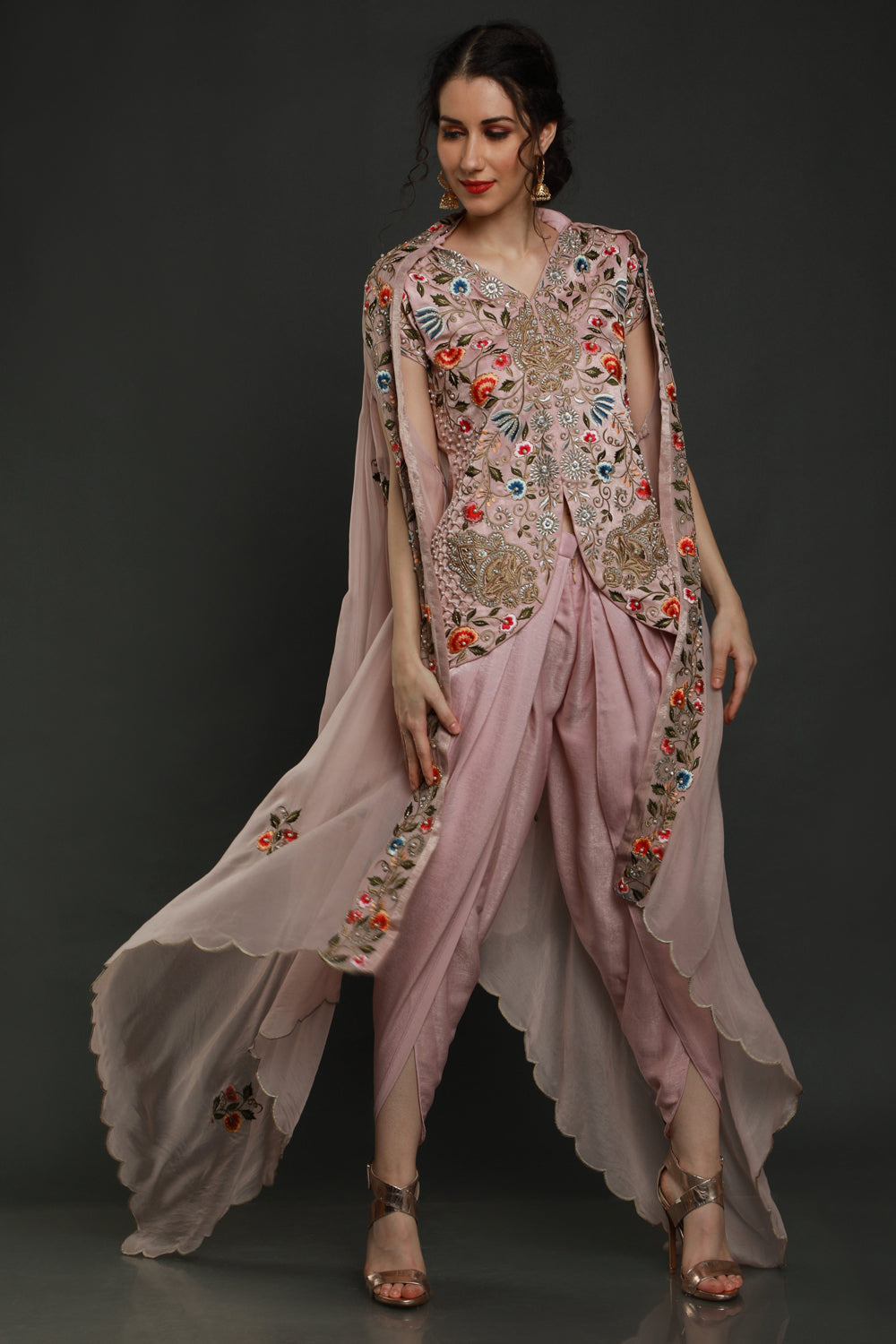 Peony Pink Short Kurta With Dhoti And Cape Dupatta