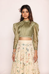 Green Top And Off-White Skirt Top With Skirt