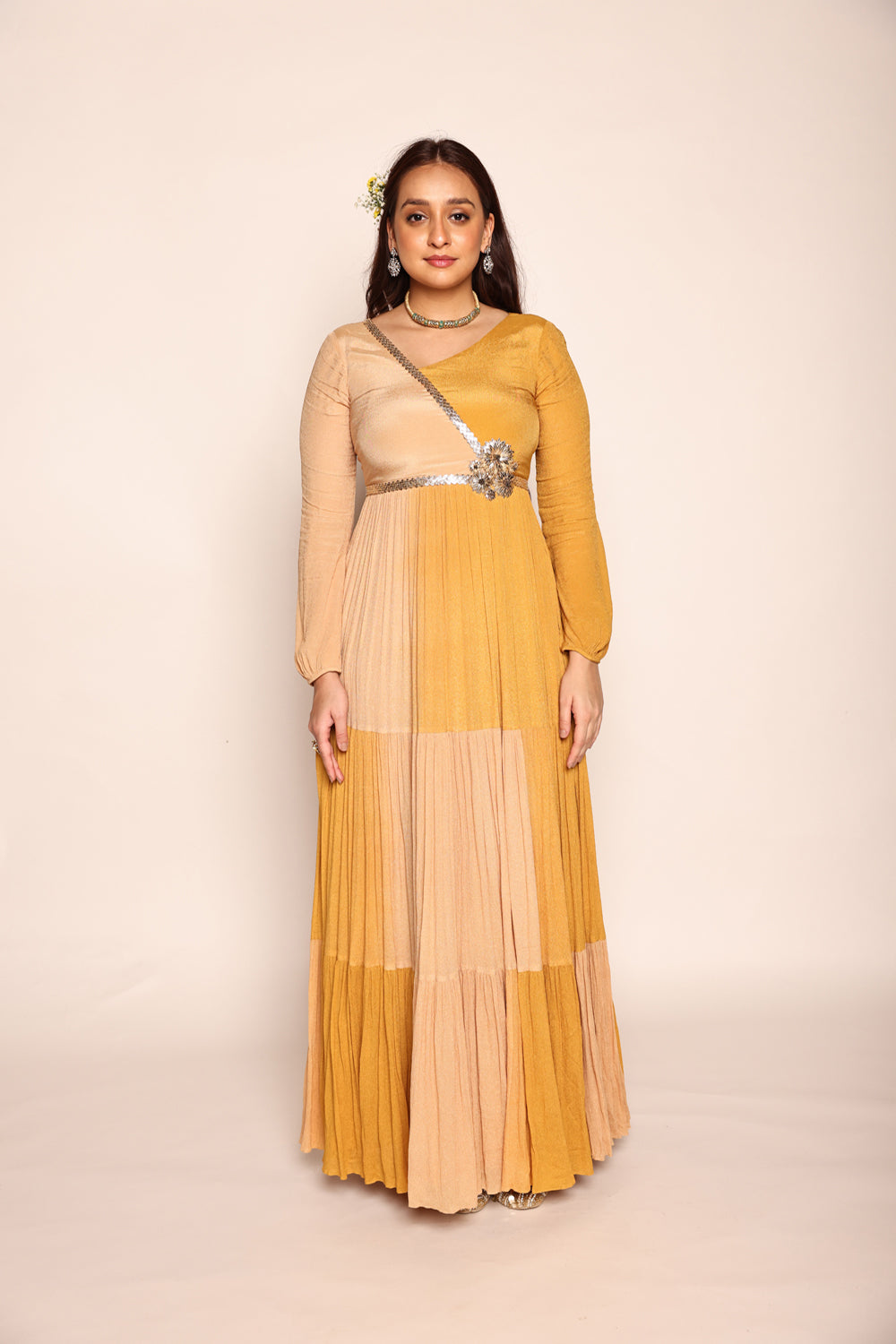 Musturd Yellow And Beige Tiered Dress