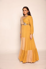 Musturd Yellow And Beige Tiered Dress