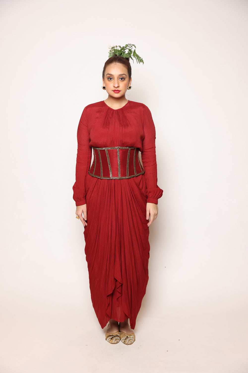 Maroon Drape Dress With Corset