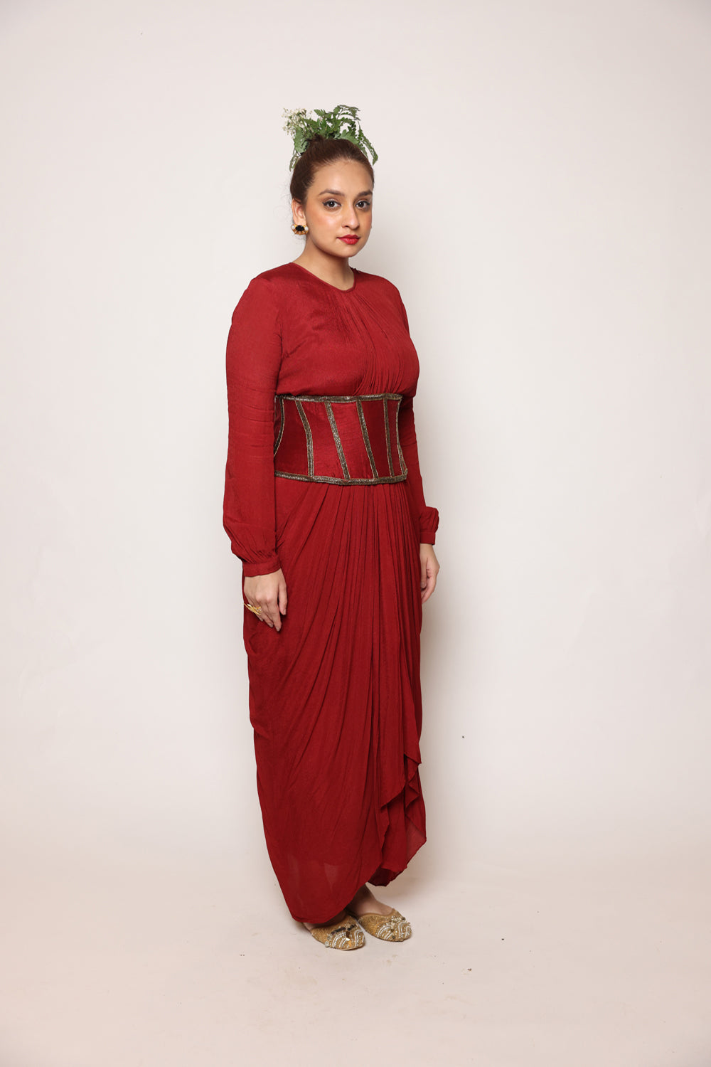 Maroon Drape Dress With Corset