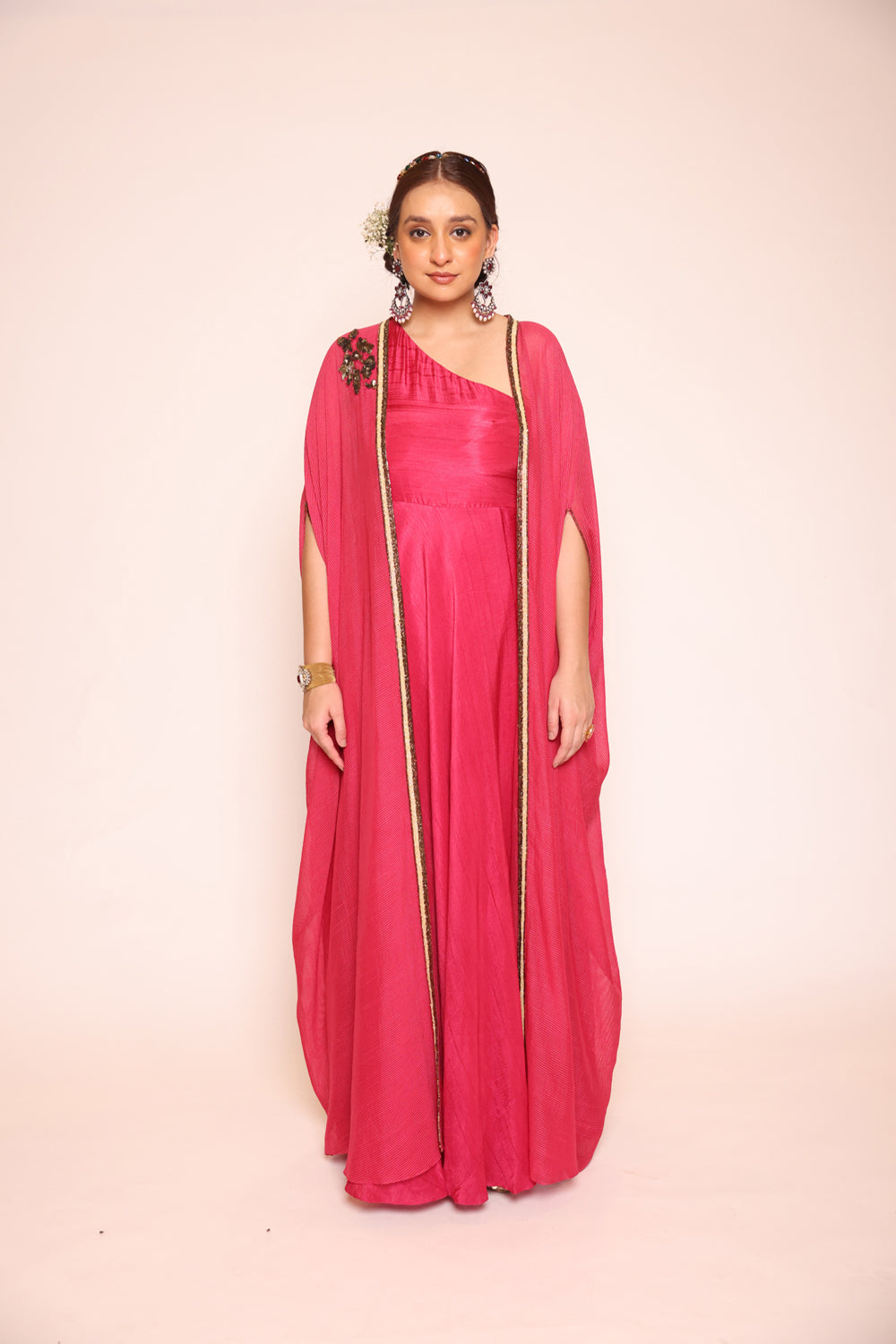 Pink  One Shoulder Dress With Cape