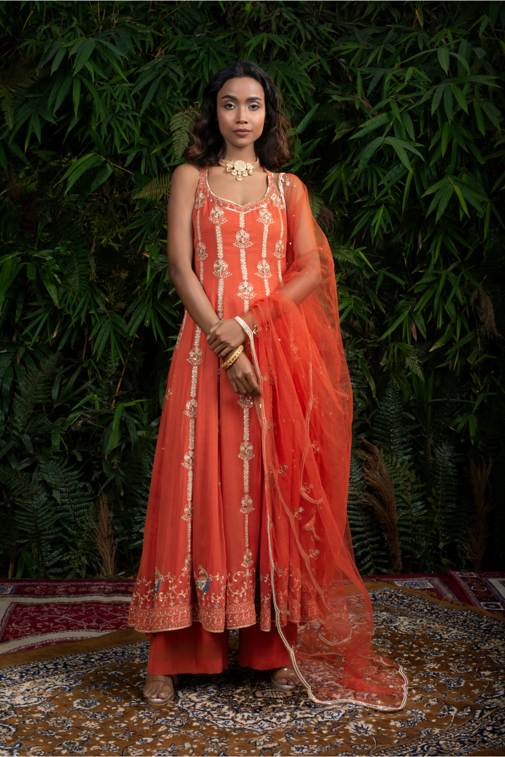 Rust Orange Georgette Anarkali Paired With Straight Pants And Tulle Dupatta