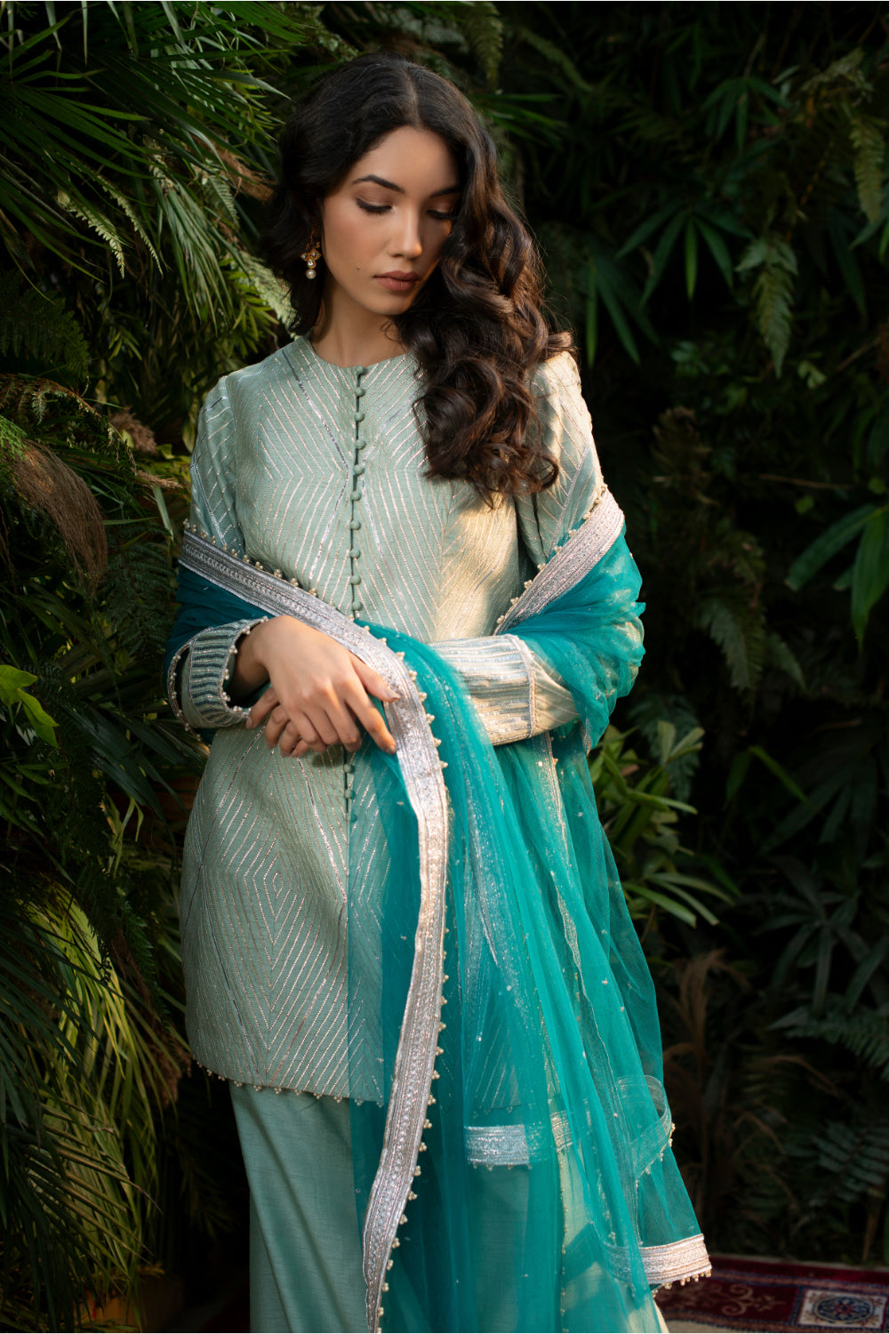 Ice Blue Raw Silk Kurti With Culottes Pants And Dupatta