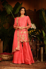 Coral Pink Kurti Paired With Culottes Pants And  Dupatta