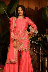 Coral Pink Kurti Paired With Culottes Pants And  Dupatta